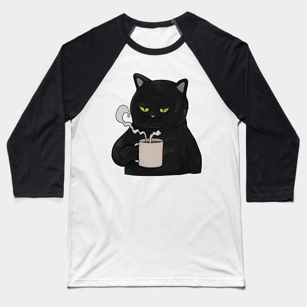 Grumpy Black Cat with Coffee Morning Grouch Baseball T-Shirt by Mesyo